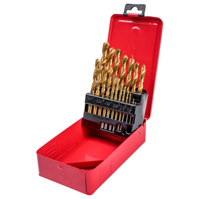 Set di punte per metallo HSS 1,0-10,0 mm, scatola in metallo placcato titanio, 19 pz Drel